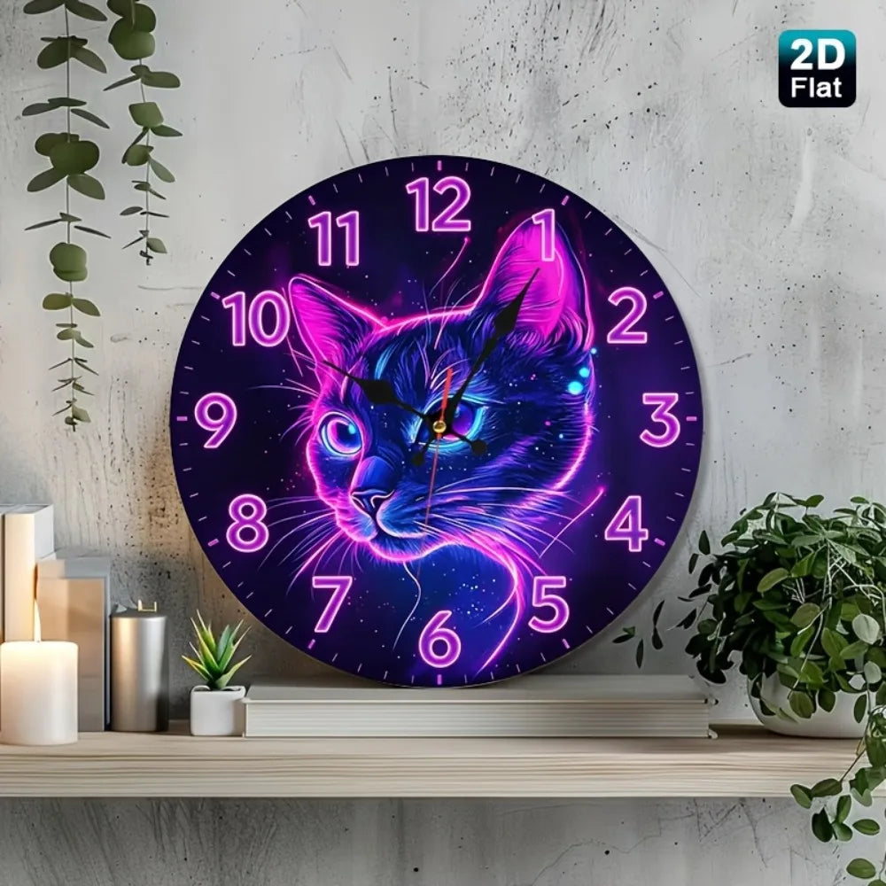 1pc Neon Cat Face Wall Clock - Purple & Pink