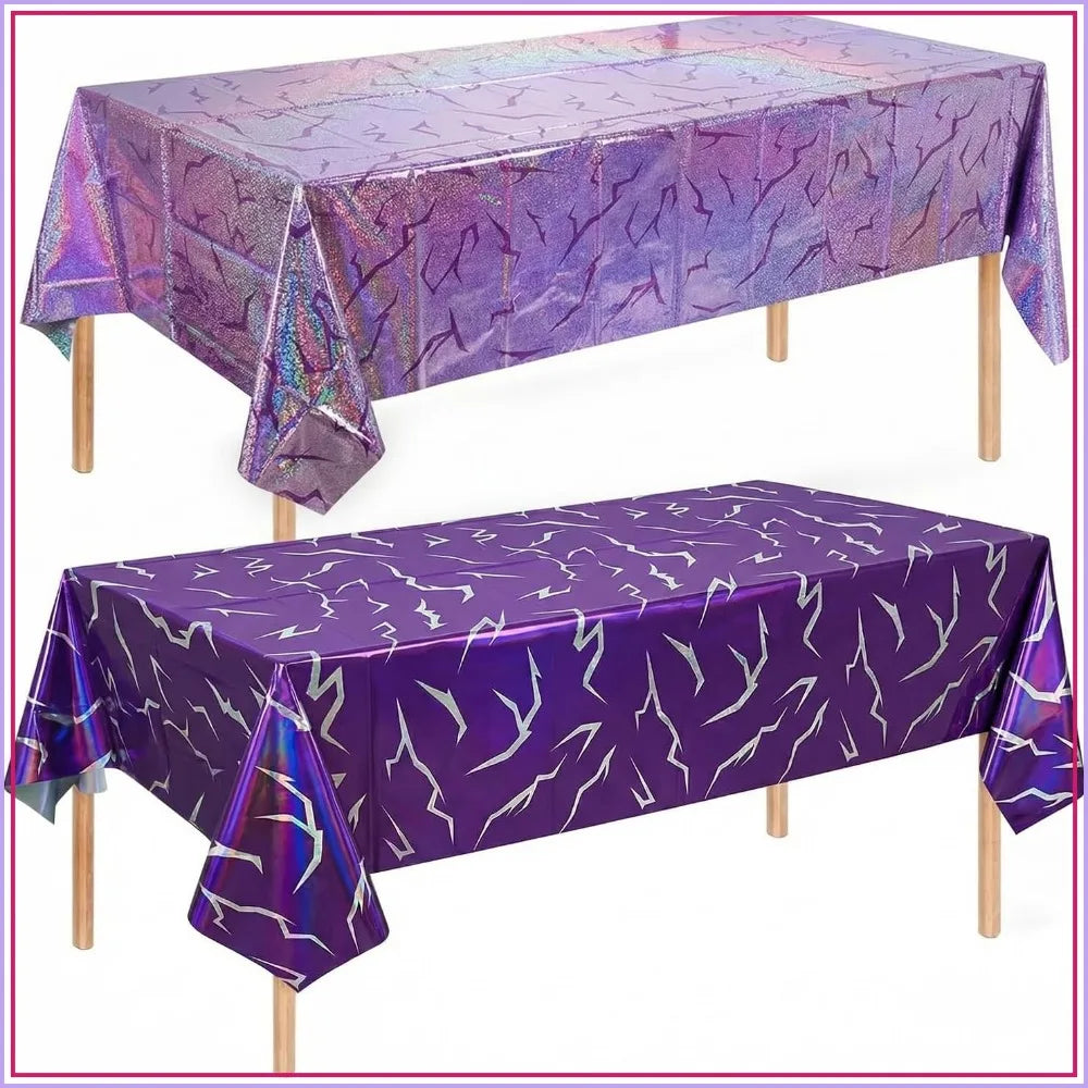 Iridescent Holographic Laser Tablecloth 2 Pack, Purple Lightning Pattern  54x108 Inch
