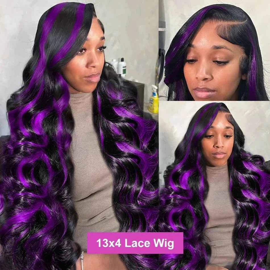 Dark Purple Highlight Wig, Human Hair