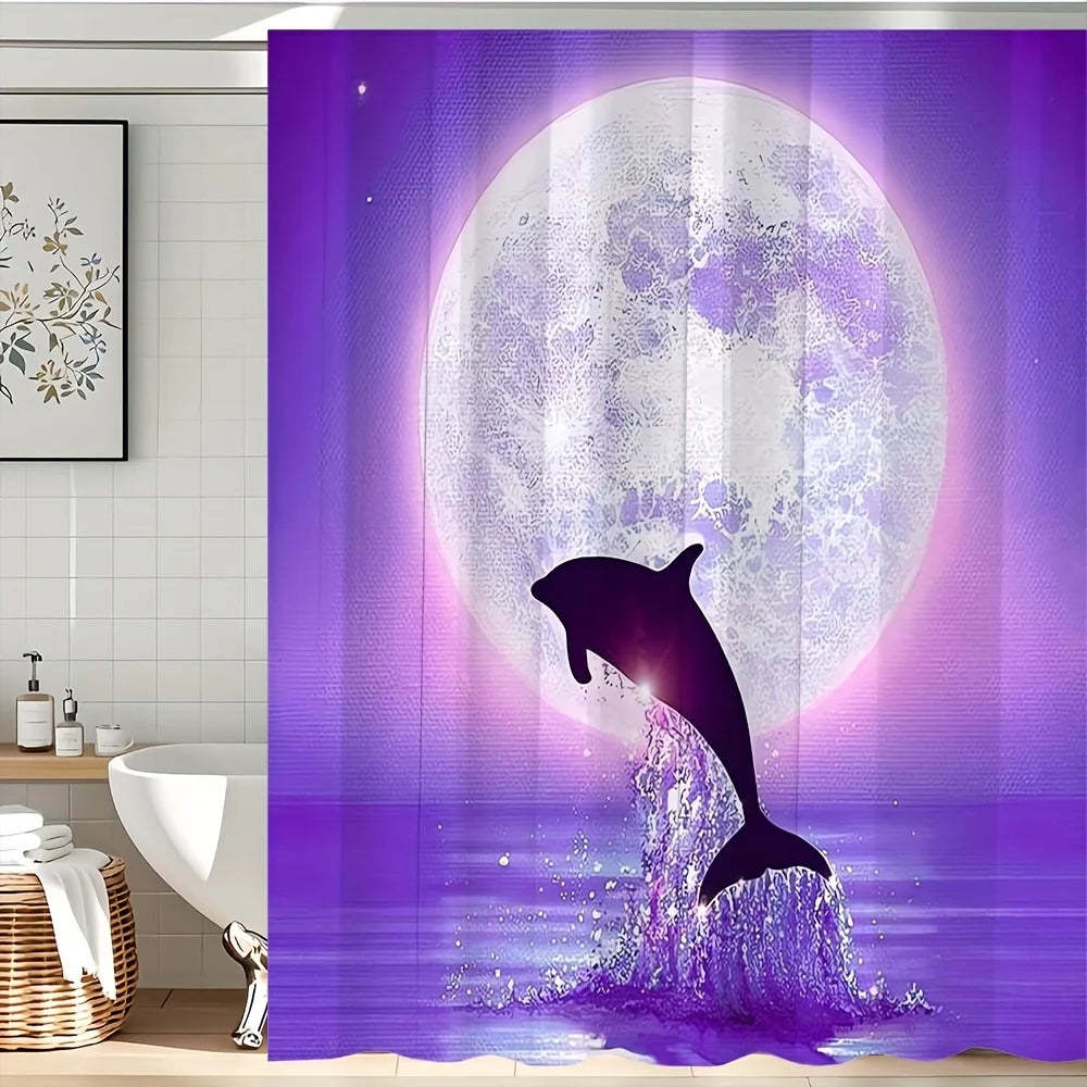 4pcs Shower Curtain with 12 Hooks, Non-slip Mat, Toilet U-shaped Pad, Toilet Lid Pad 71x71 Inches