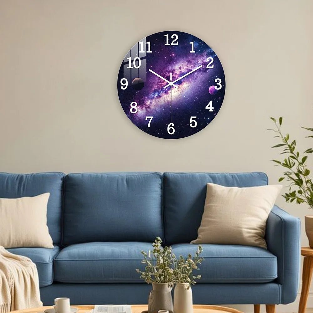 Wooden Wall Clock, Purple Galaxy with Planets