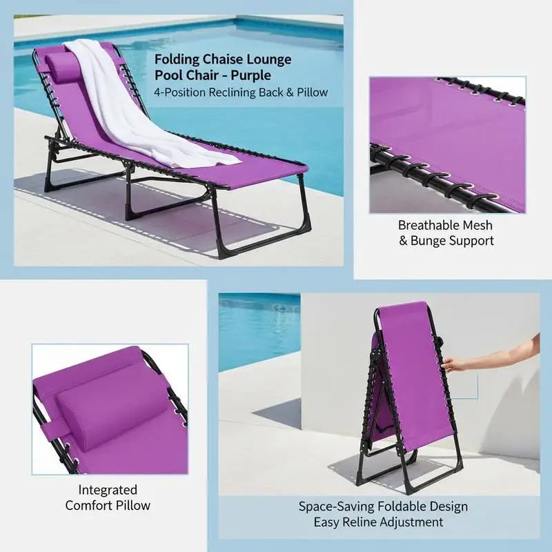 Folding Chaise Lounge Pool Chair with 4-Position Reclining Back, Pillow, Breathable Mesh
