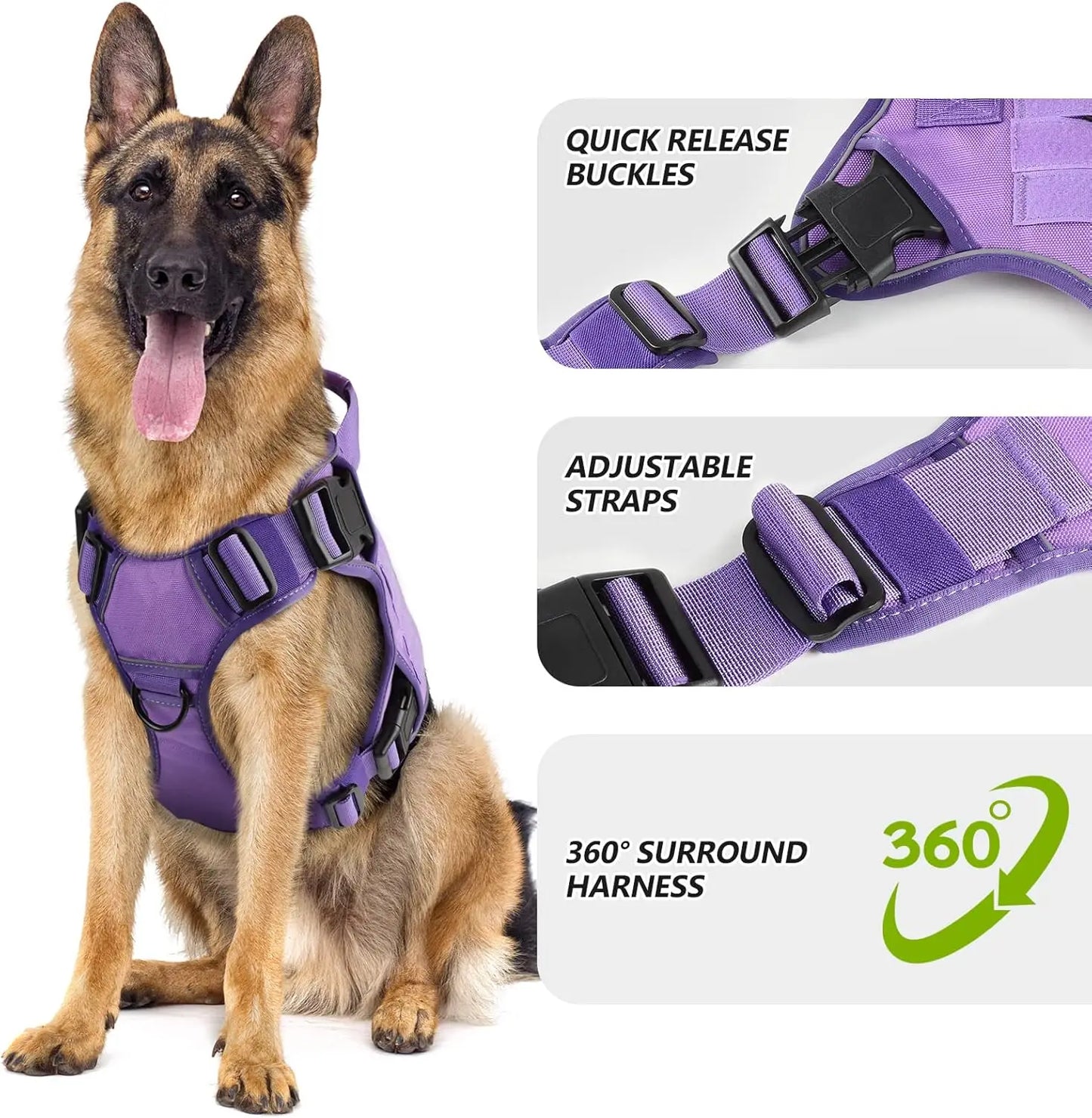 Purple Tactical Dog Harness for Large Dogs, Heavy Duty No Pull with Handle, Adjustable Reflective Vest
