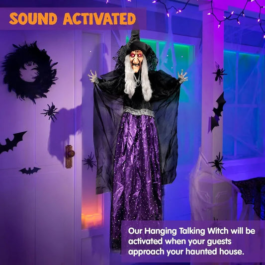 47'' Animated Witch Halloween Decoration, Hanging Ghost Talking Sound Activated Led Lights Eyes