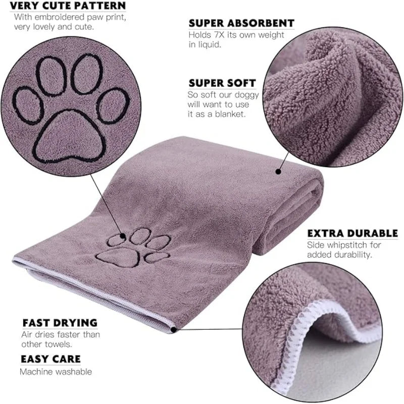 Super Soft Pet Bath Towel (75x35cm) - Microfiber Absorbent Paw-Print Towel for Dogs & Cats
