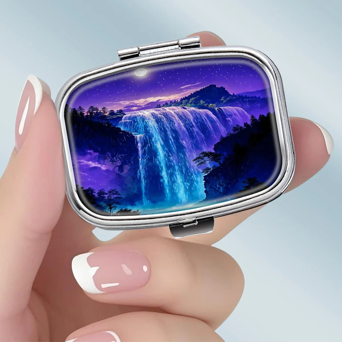 1PC compact 2-compartment square metal pill box, featuring a purple starry night waterfall design