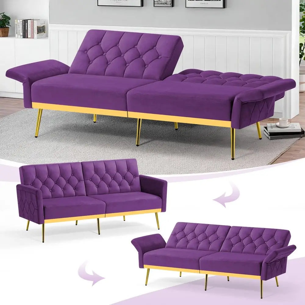Sofa Bed w Adjustable Armrests and Backrests, Tufted Futon Sofa for Bedroom, Living Room, Apartment