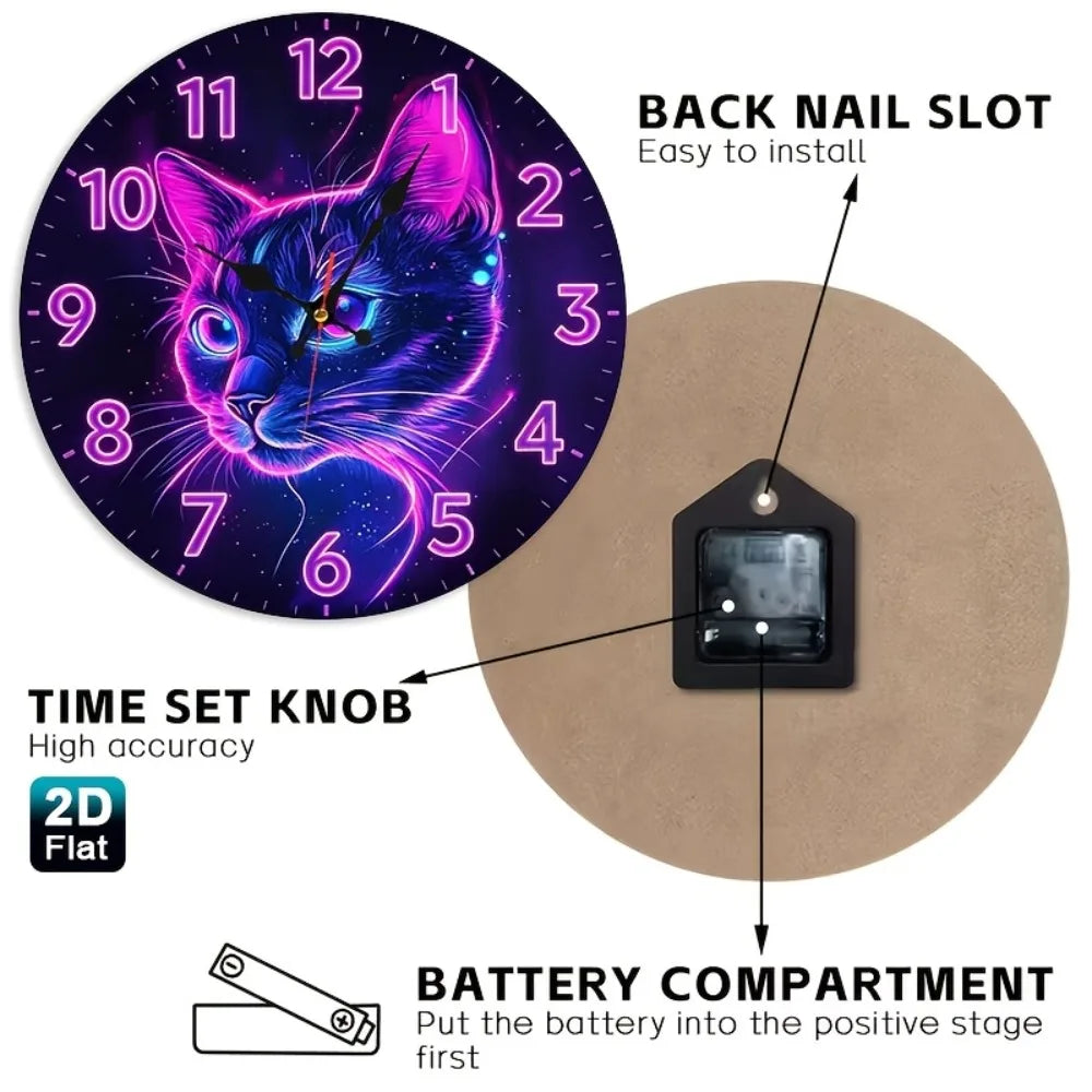 1pc Neon Cat Face Wall Clock - Purple & Pink
