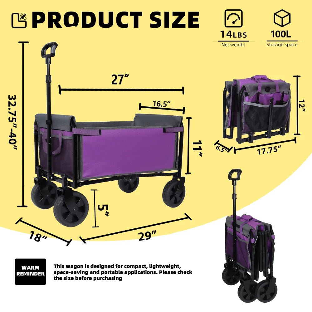 Large Collapsible Wagon with Wheels - 3 in 1 Lightweight Utility Camping Wagon, Foldable with 220lbs Capacity