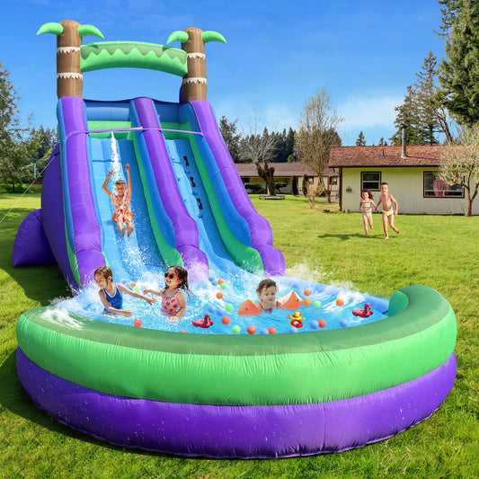 20FT Inflatable Water Slide Park , Climbing Wall With Two Slides And Splash Pool