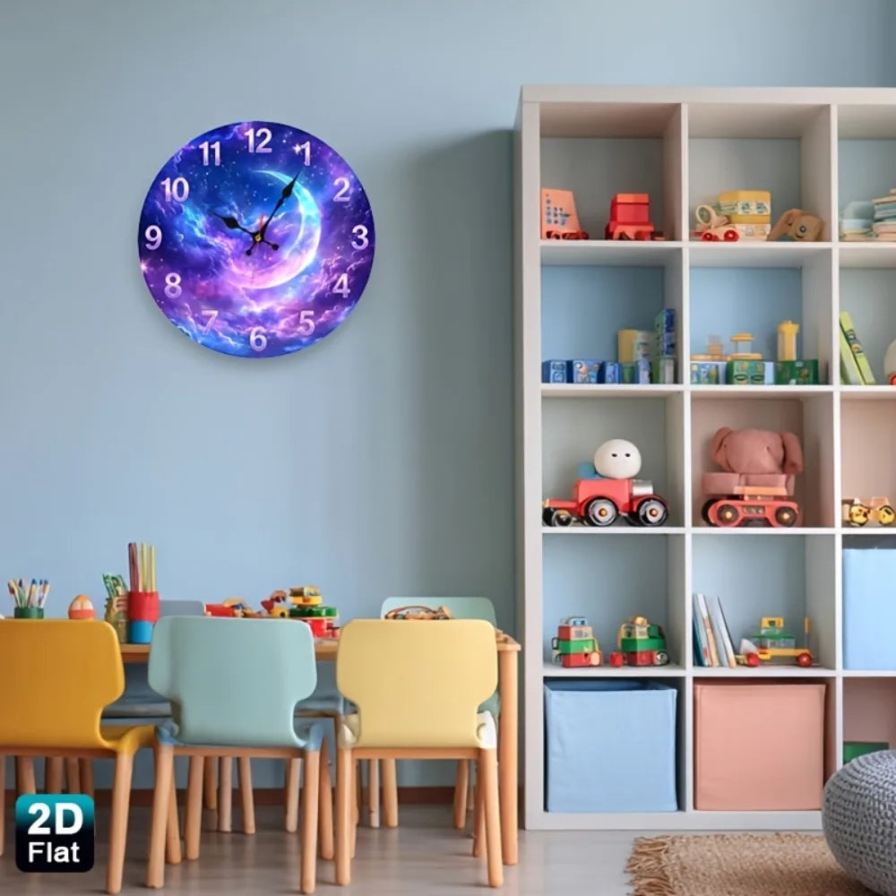 1pc Purple Pink Gradient Nebula & Crescent Moon Wall Clock