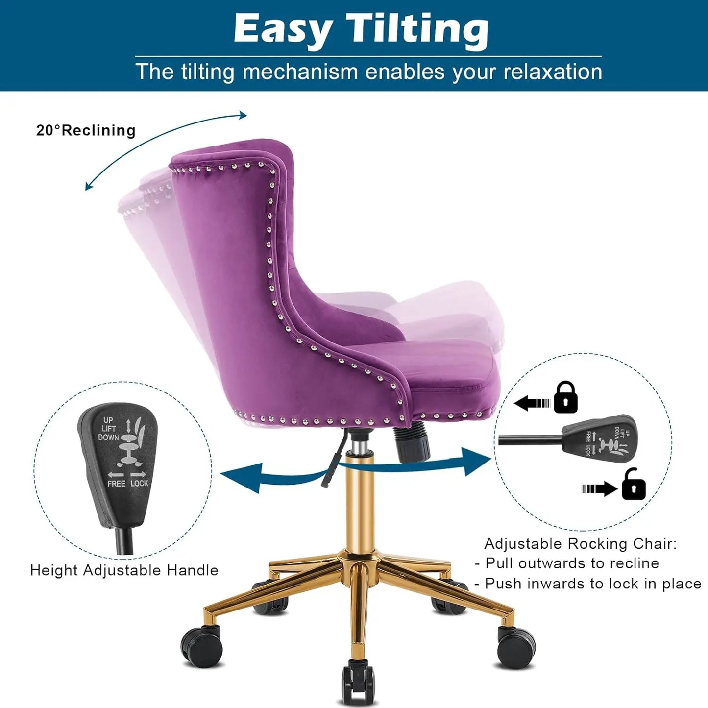 Dark Purple or Mauve Armless Home Office or Vanity Chair with Gold Base/Wheels