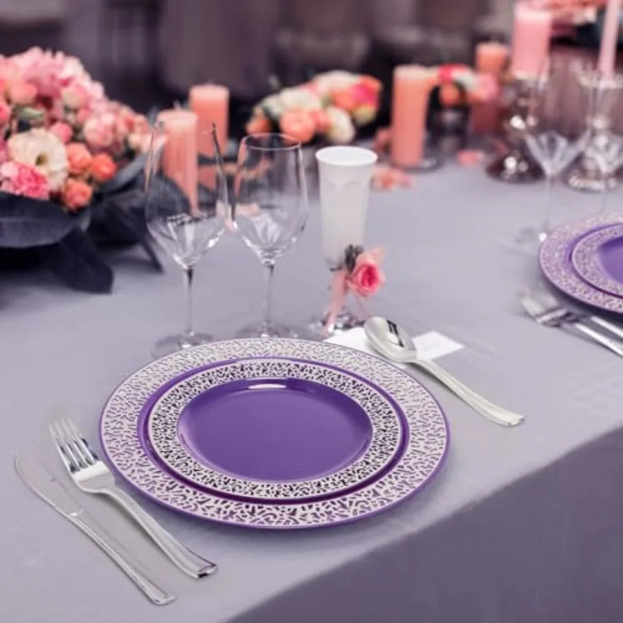 150 Pcs Plastic Dinnerware Set with 10.2'' Dinner Plates 7.5'' Salad Plates 9 oz Rimmed Cups Knives Forks and Spoons for 25 Guests