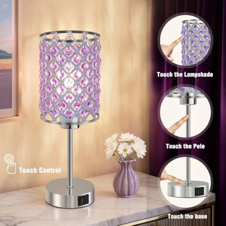 Purple Crystal Table Lamp with USB C+A Ports Dimmable Touch Control