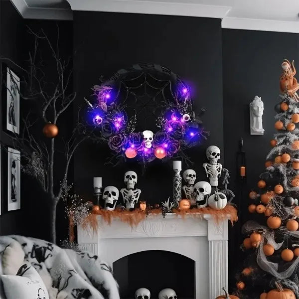 1pc, Prelit Halloween Skull Wreath For Front Door Decor, 20 LED Purple Lights Battery Operated Skeleton