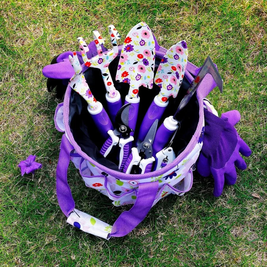 Floral Purple Garden Tool Set for Women: Heavy Duty Gardening Tools Kit with Pruning Shears and Storage Tote Bucket Bag Organizer