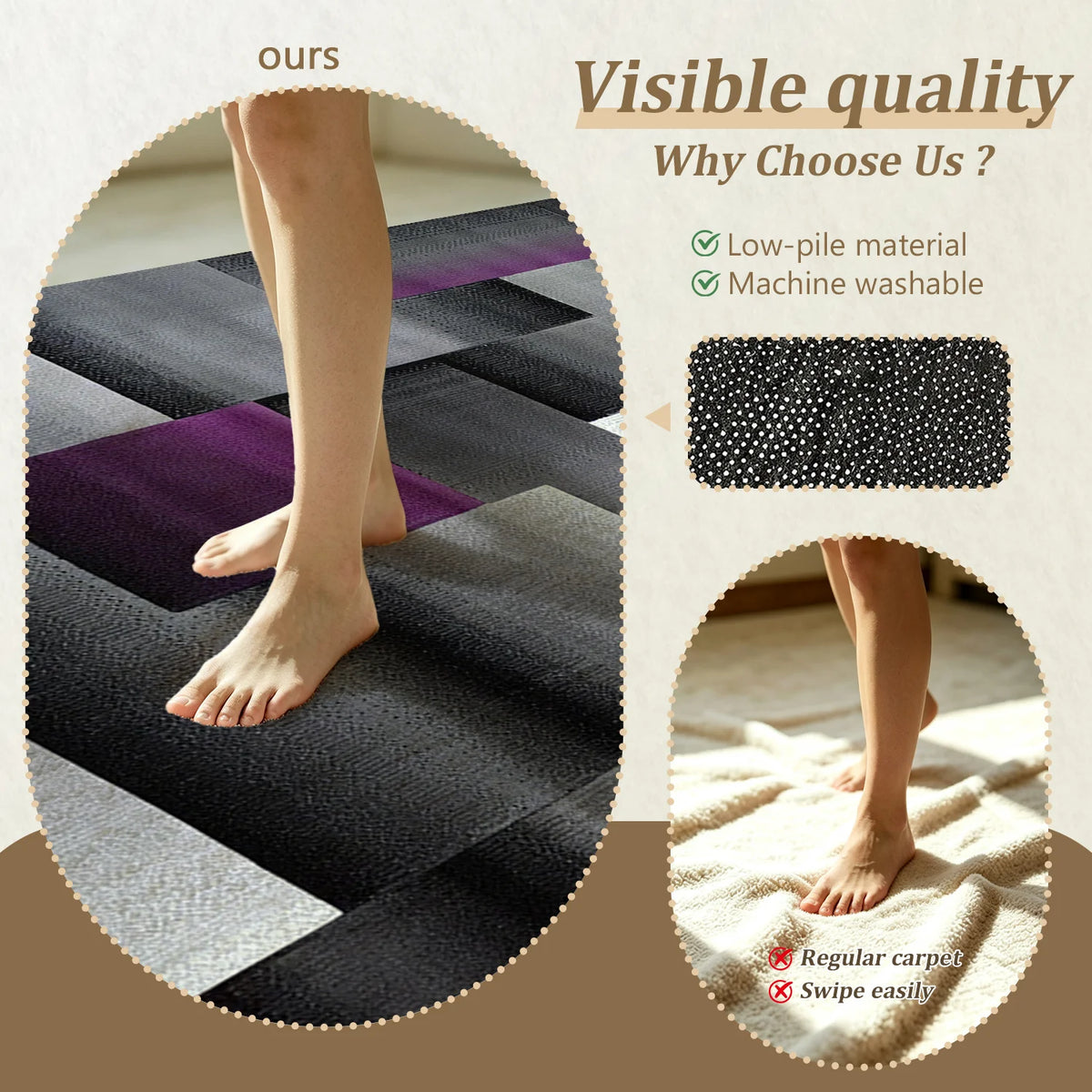 Large Indoor Area Rug, Soft Velvet Low Pile Non-Slip Dotted Backing Machine Washable, Modern Abstract Geometric Gray Purple Block Rug