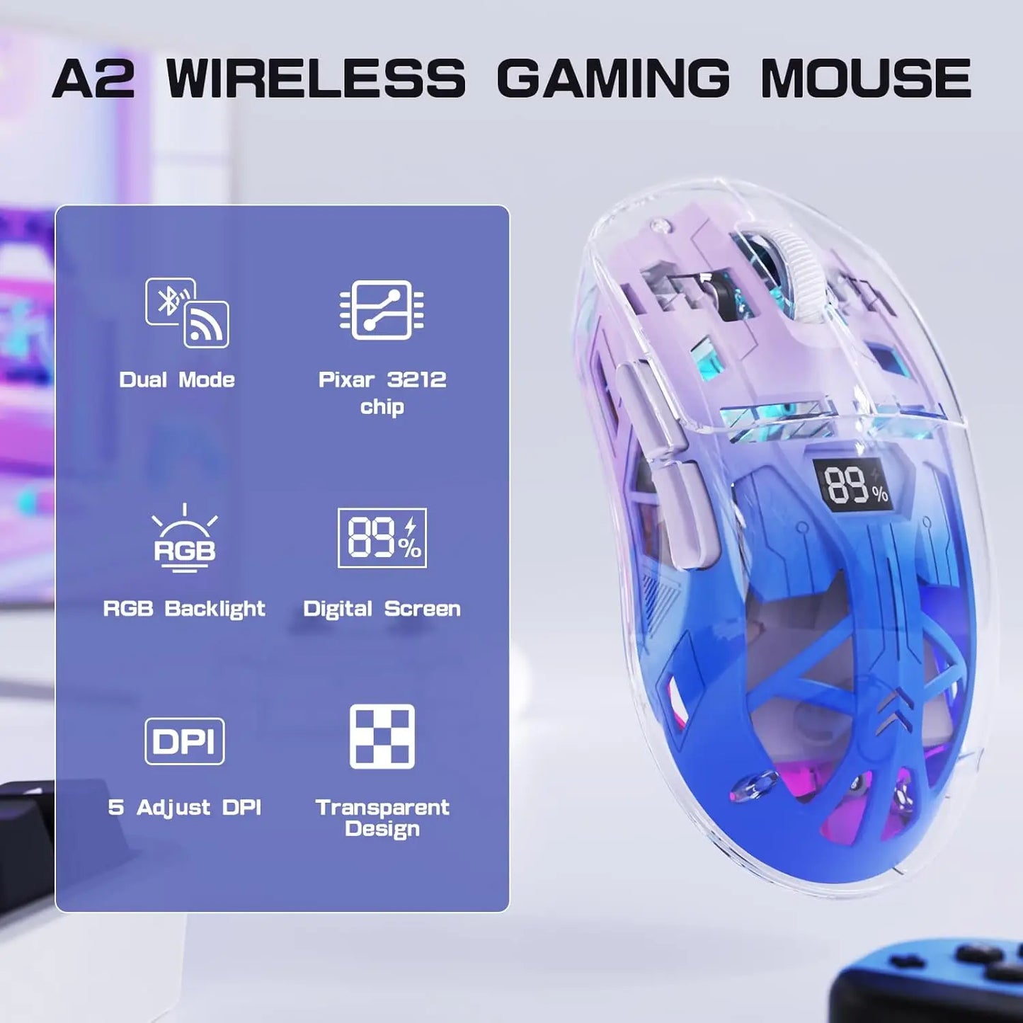 A2 Transparent Wireless Gaming Mouse, BT 5.0/2.4G PC Rechargeable