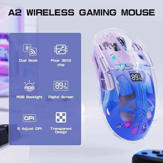 A2 Transparent Wireless Gaming Mouse, BT 5.0/2.4G PC Rechargeable