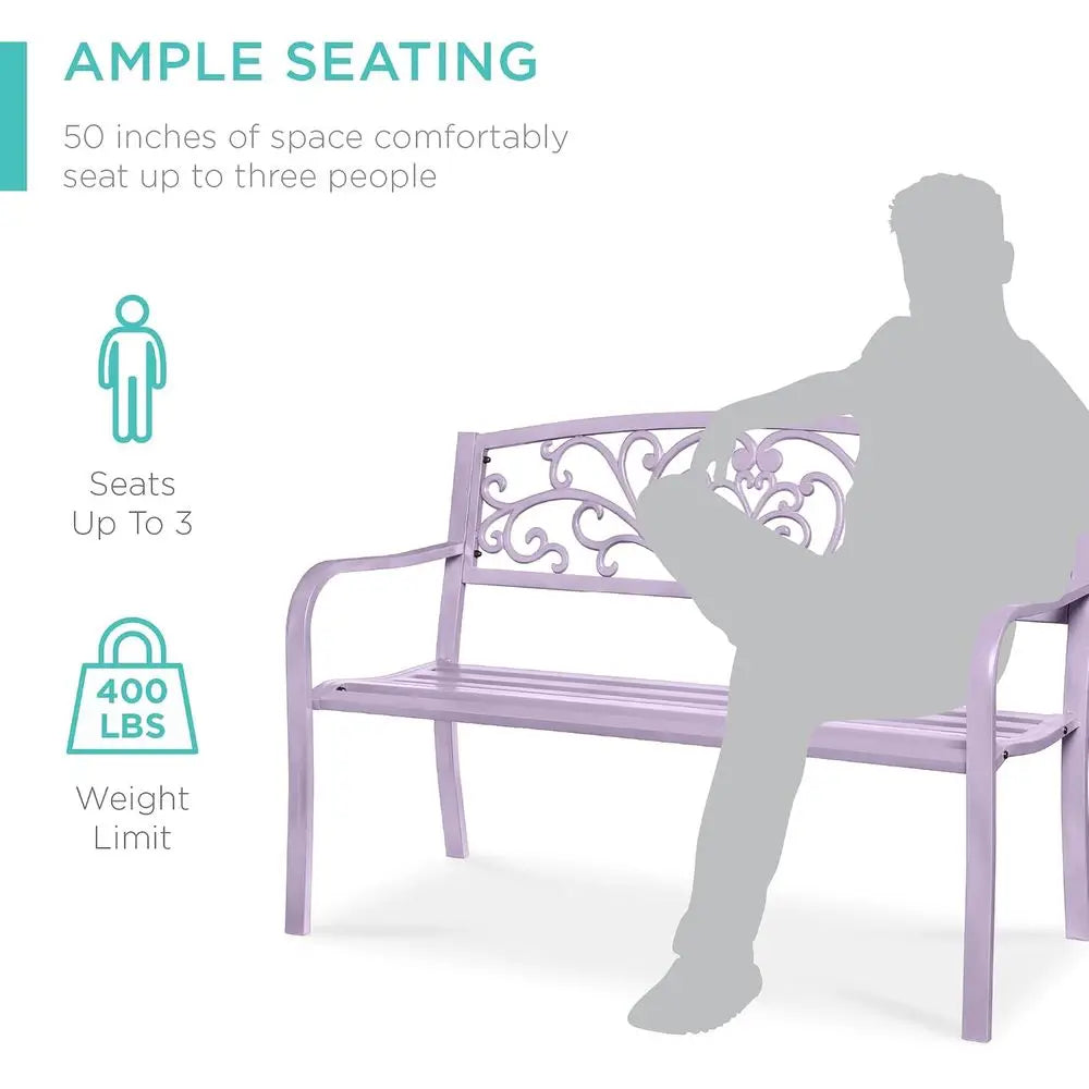 Lavender Steel Outdoor Bench with Floral Backrest