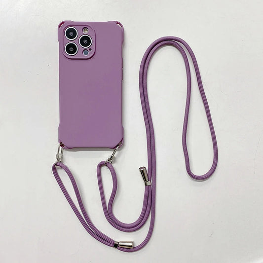 Liquid Silicon Soft Phone Case For Iphone 15 Pro Max 14 13 12 11 Pro Max X XS Max XR 8 7 Plus Lanyard Cord Back Cover