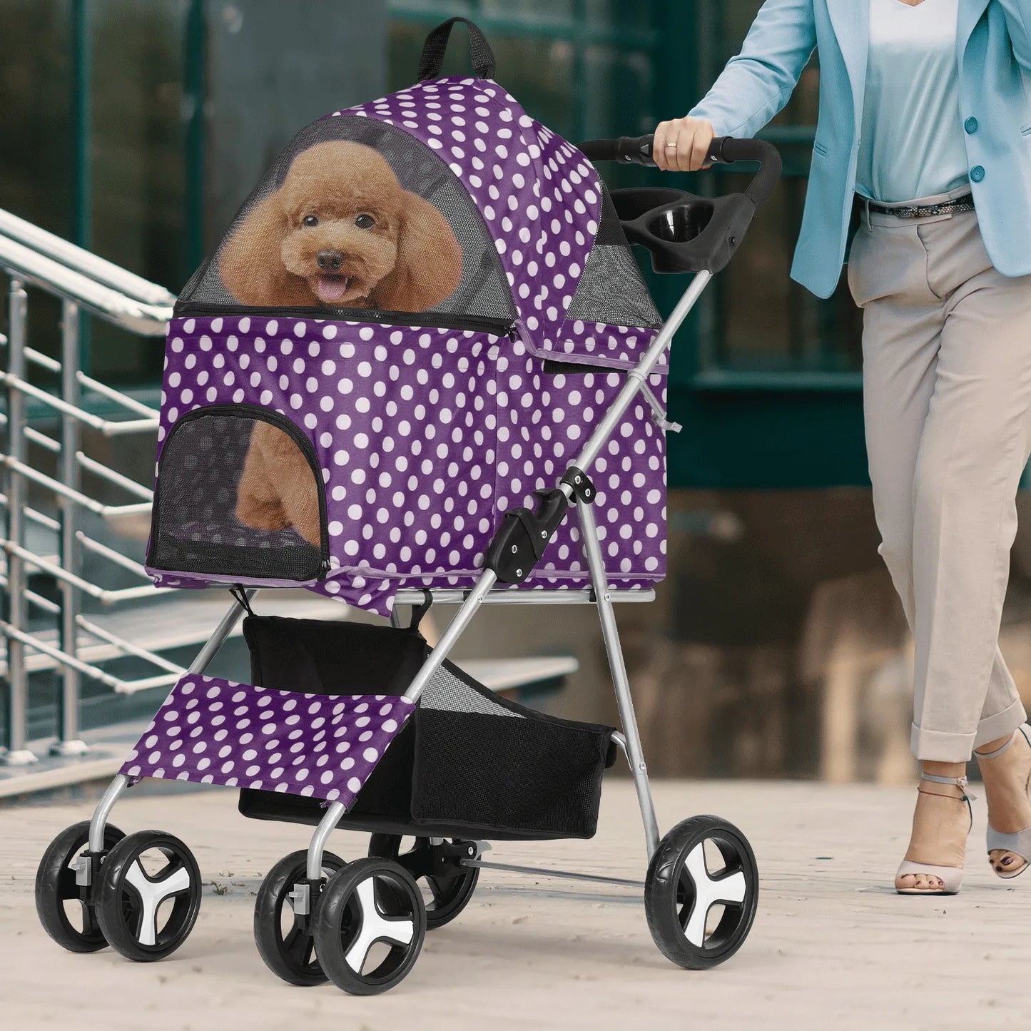 Pet Stroller 4 Wheels, 3-in-1 Foldable Dog Stroller w/Storage Basket & Cup Holder