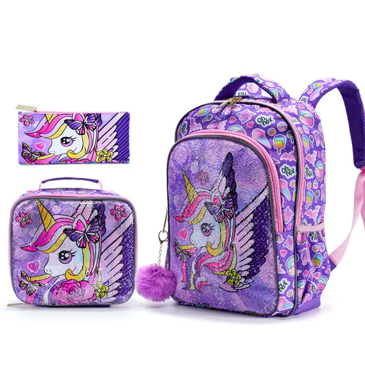 3PCS Kids travel bag, Luggage Bag, Bookbag, With Lunch Box And Pen Bag, Cute Cartoon Purple Unicorn Sequin, Nighttime reflective