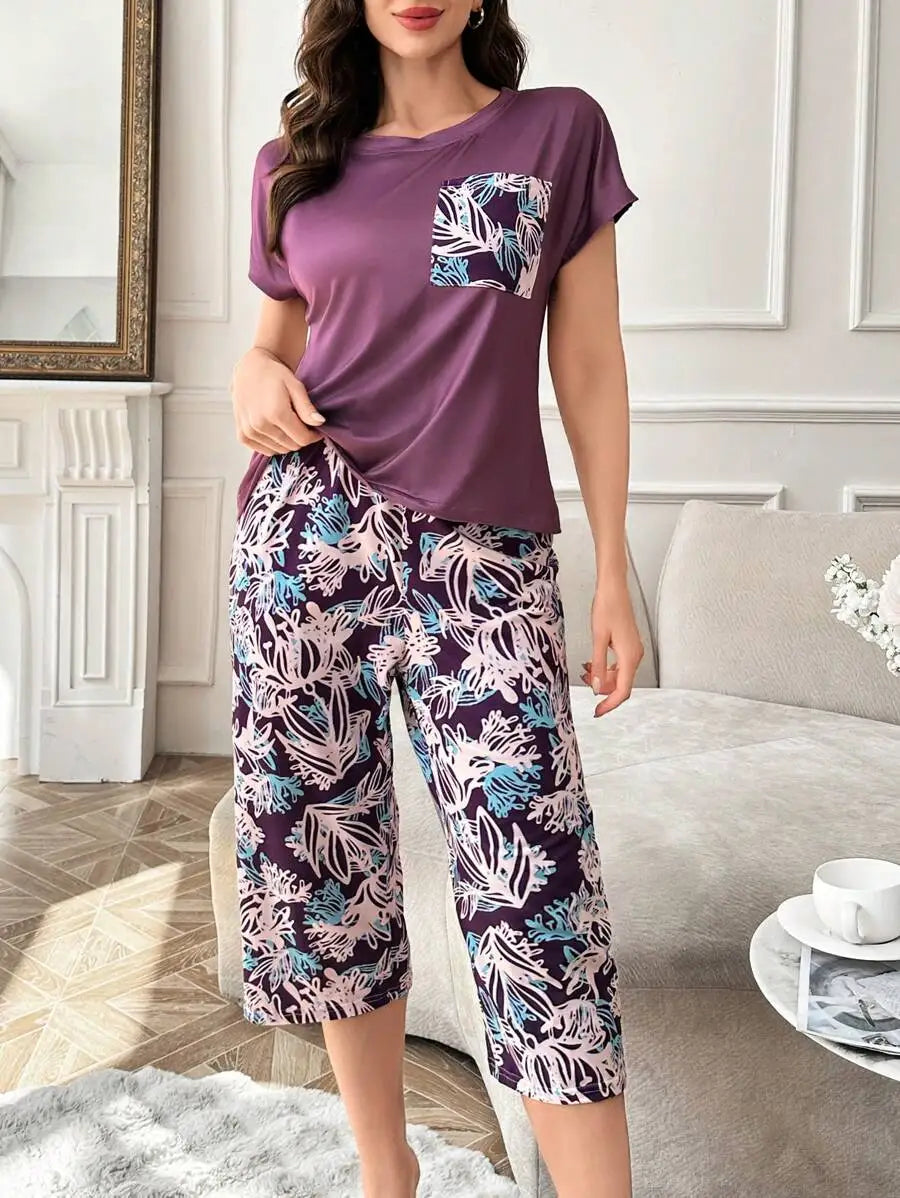 Purple Floral Print Women's Knitted Pajama Set with Pocket and Capri Pants
