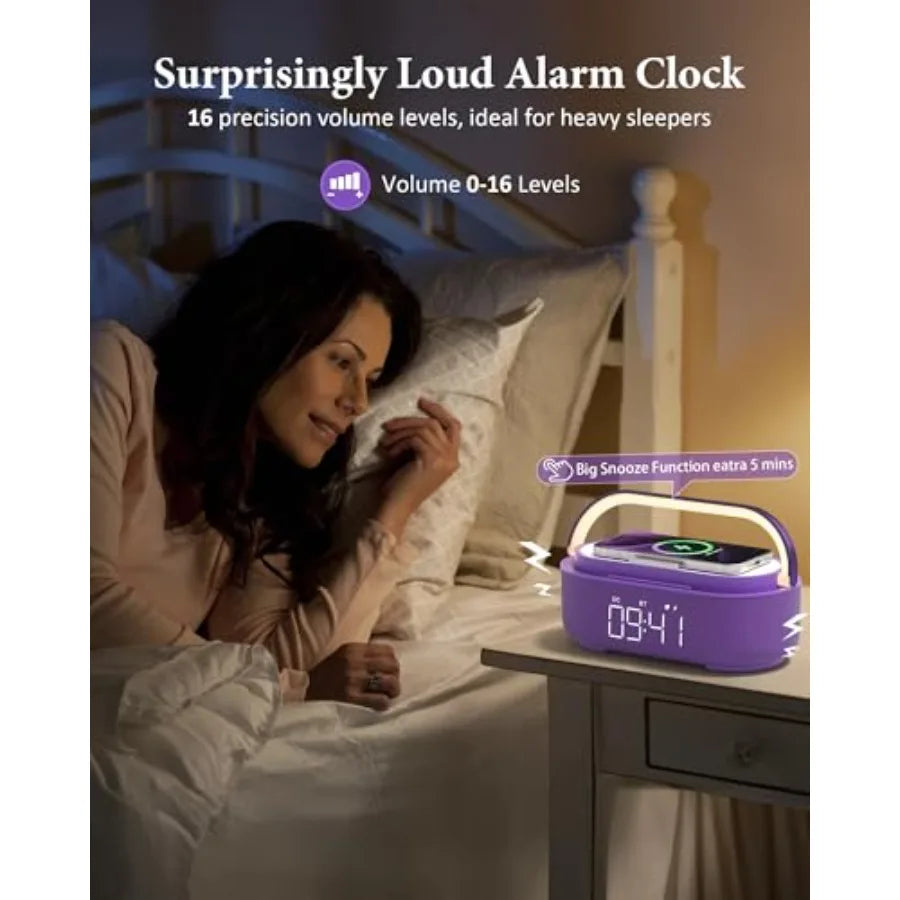 Bluetooth Speaker Alarm Clock with Wireless Charger FM Radio Adjustable LED Night Light