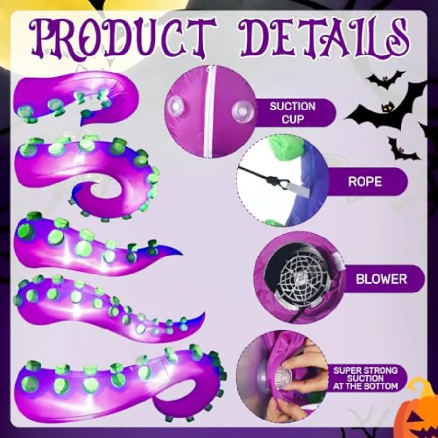 Halloween window decoration outdoor yard lawn party, inflatable lighted giant octopus tentacle, PVC material,