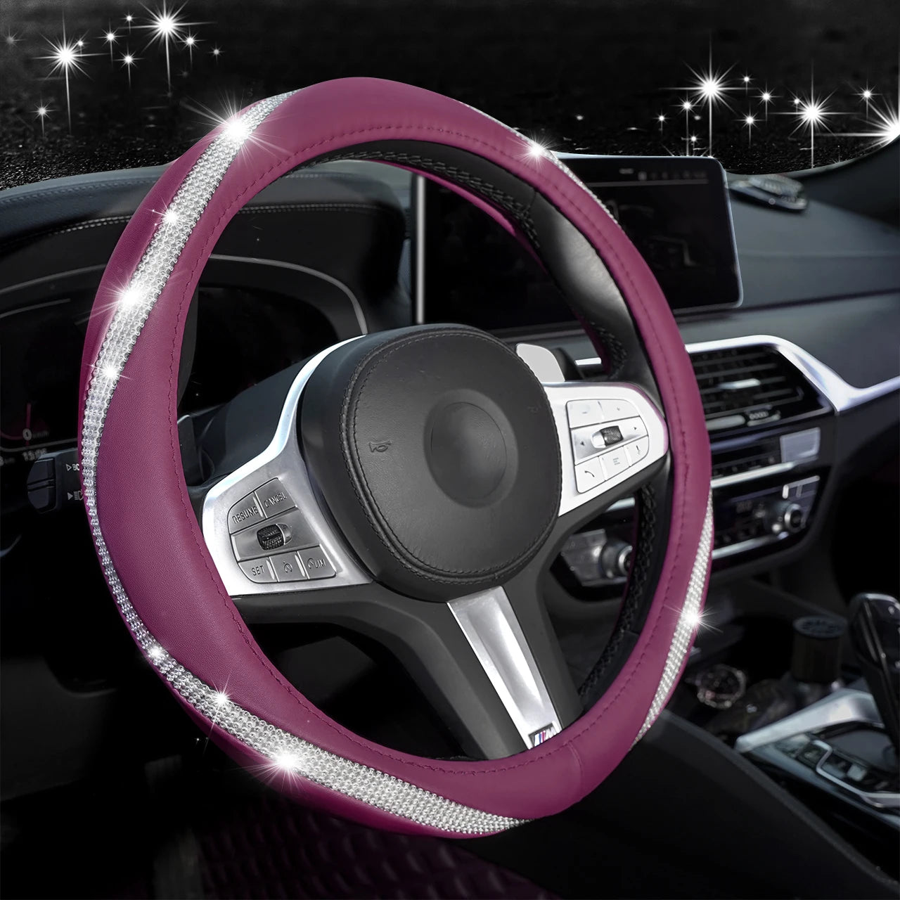 Sparkling Rhinestone & PU Leather Steering Wheel Cover - Inner Ring Design, Car Accessory for Global Sale