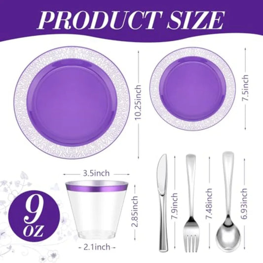 150 Pcs Plastic Dinnerware Set with 10.2'' Dinner Plates 7.5'' Salad Plates 9 oz Rimmed Cups Knives Forks and Spoons for 25 Guests