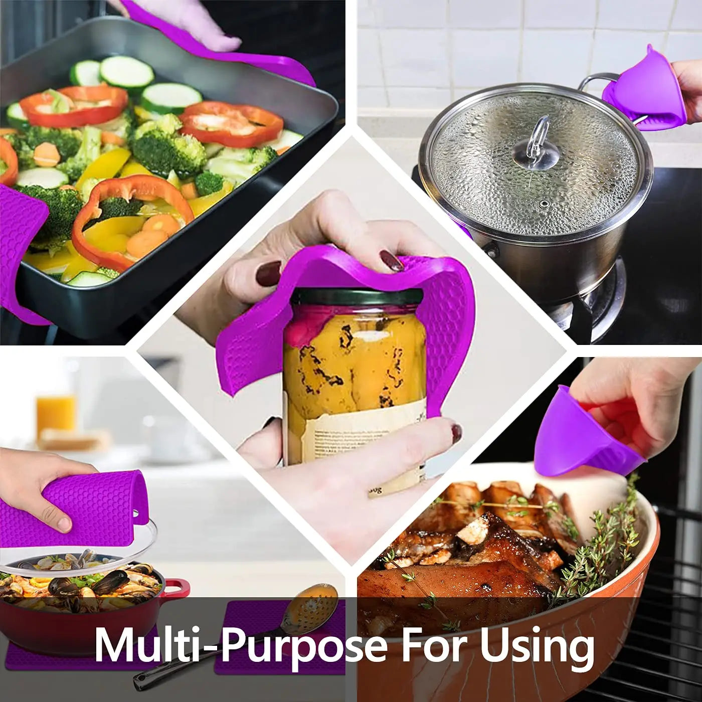 Heat Resistant Silicone Oven Mitts Set with Pads, Extra Long Gloves for Kitchen Cooking Baking, Pack of 6 Purple