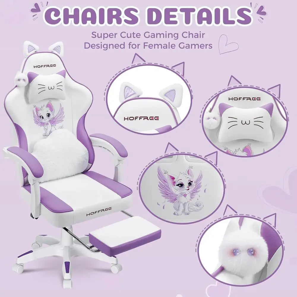 Ergonomic Lumbar Support Gaming Chair with Cat Ears Design for Adults