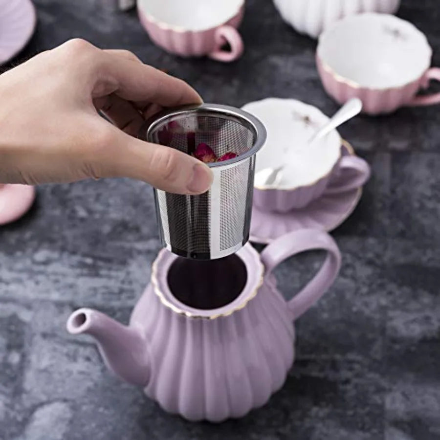 Fine China 8 OZ Coffee Cup/Teacup, Saucer, Spoons, Teapot, and Creamer Set 17-Piece Set
