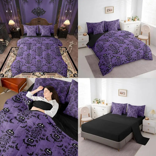 Purple Graffiti Gothic Style 7-Piece Bedding Set Including Comforter, Sheets, and Pillowcases, King