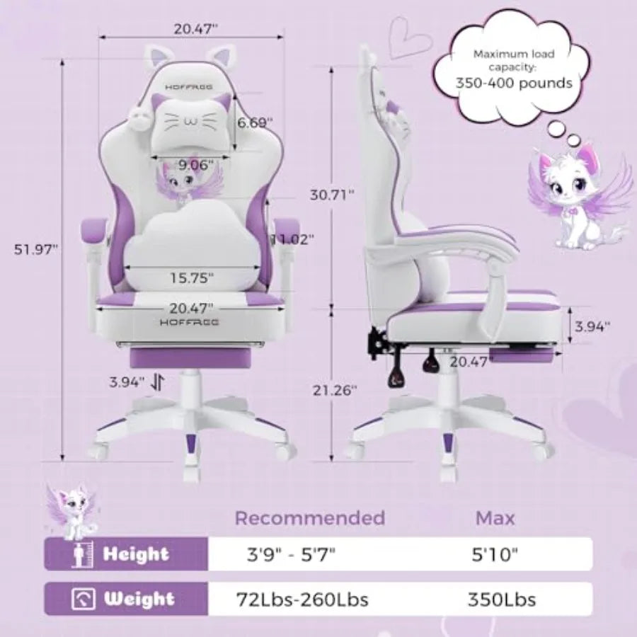 Purple PU Leather Gaming Chair with Cat Ears Design and Built-in Massage Function