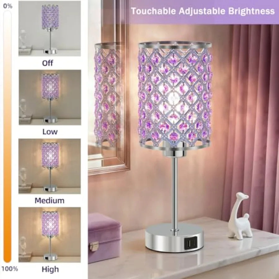Purple Crystal Table Lamp with USB C+A Ports Dimmable Touch Control