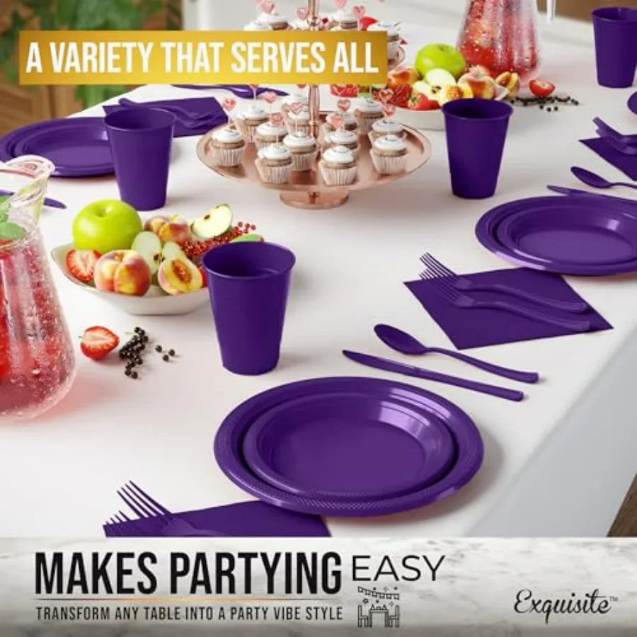 350 Pcs Purple Plastic Dinnerware set for 50 people. 9" & 7" plates, cups, napkins, utensils