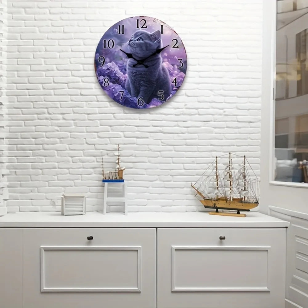 1pc Wooden Wall Clock with Purple Cat & Floral Design, silent