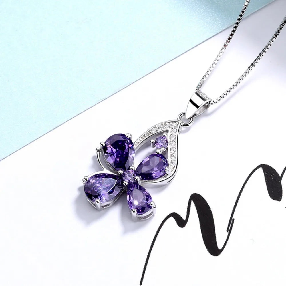 Four-leaf Clover Sterling Silver Necklace Amethyst Pendant