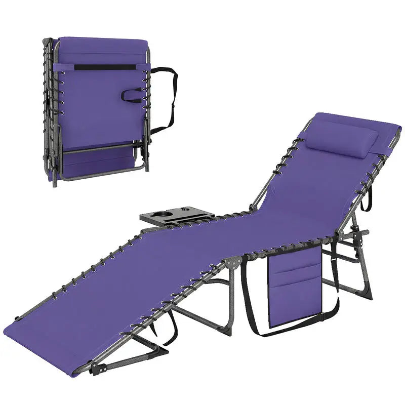 Folding Outdoor Chaise Lounge Chair Tanning Chair with 5-Level Adjustable Back, Side Table, Pillow, Pocket, Purple