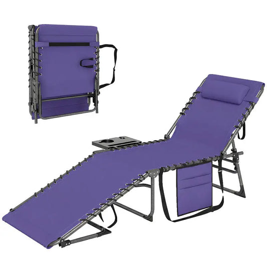 Folding Outdoor Chaise Lounge Chair Tanning Chair with 5-Level Adjustable Back, Side Table, Pillow, Pocket, Purple - Purpleobsessions