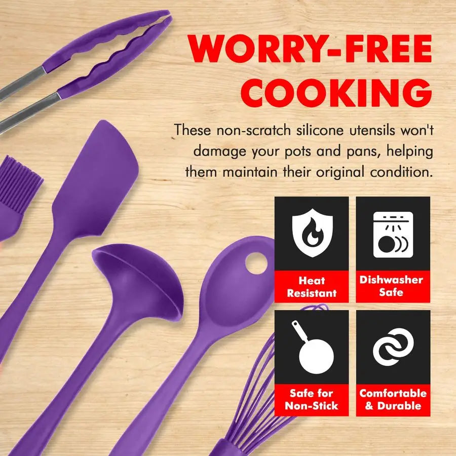 Premium Silicone Kitchen Tool and Utensil Set, 9 Piece, Purple
