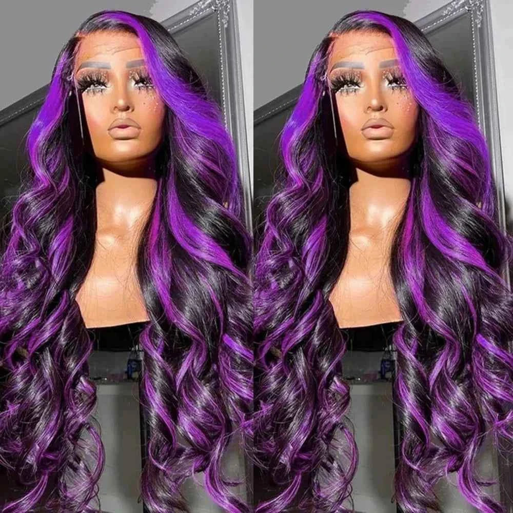 Dark Purple Highlight Wig, Human Hair