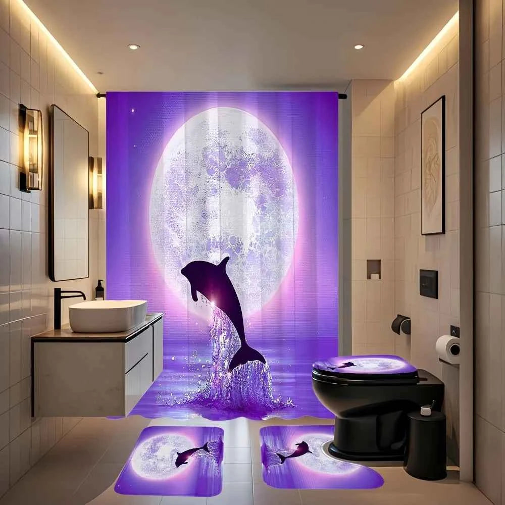 4pcs Shower Curtain with 12 Hooks, Non-slip Mat, Toilet U-shaped Pad, Toilet Lid Pad 71x71 Inches