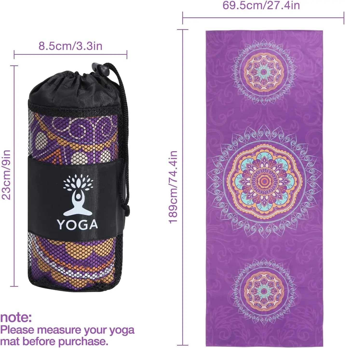 Non-Slip Yoga Mat Towel with Quick-Dry & Corner Pocket, Purple Mandala Pattern for Hot Yoga, Pilates, Gym