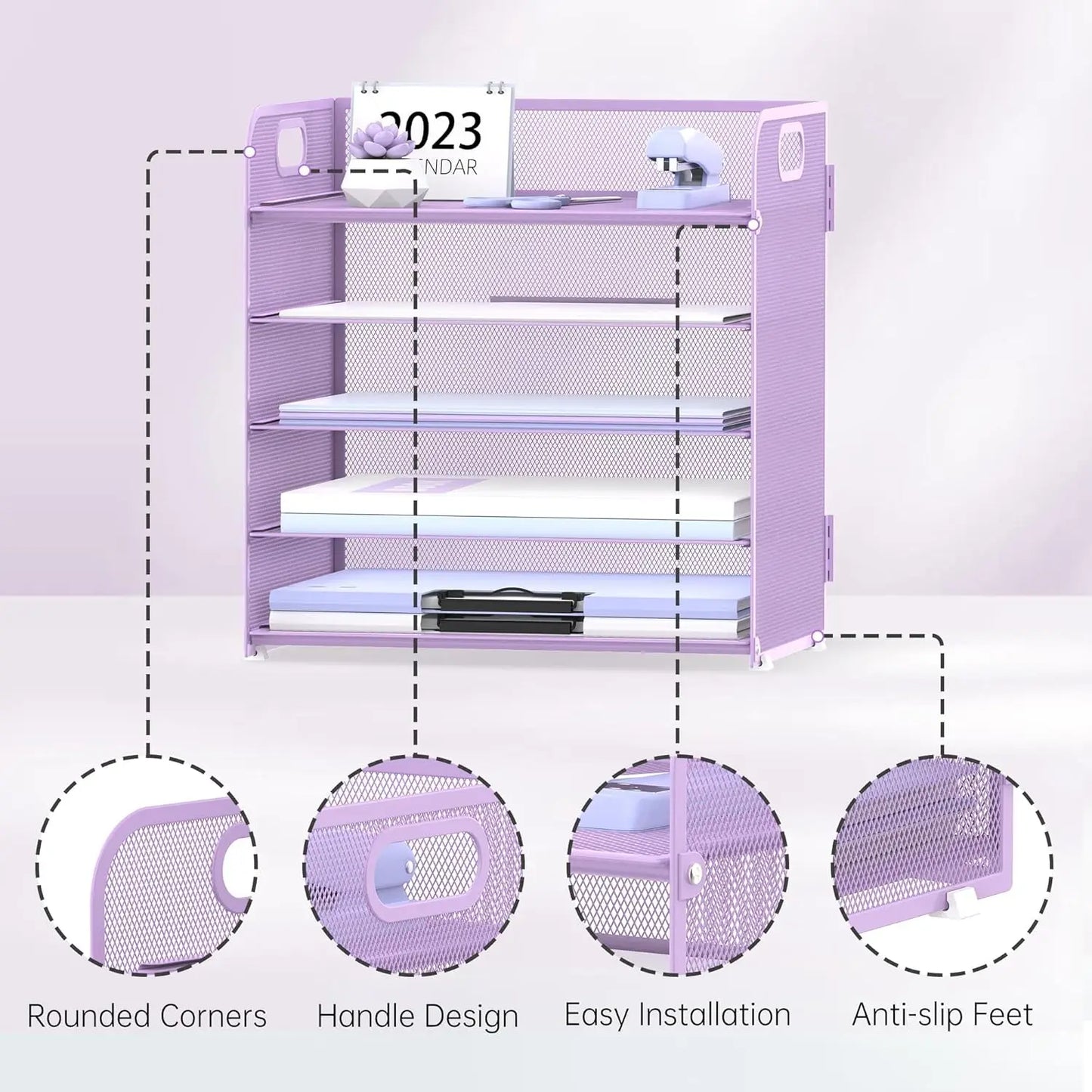 5-Tier Purple Mesh Desk Organizer with Handle