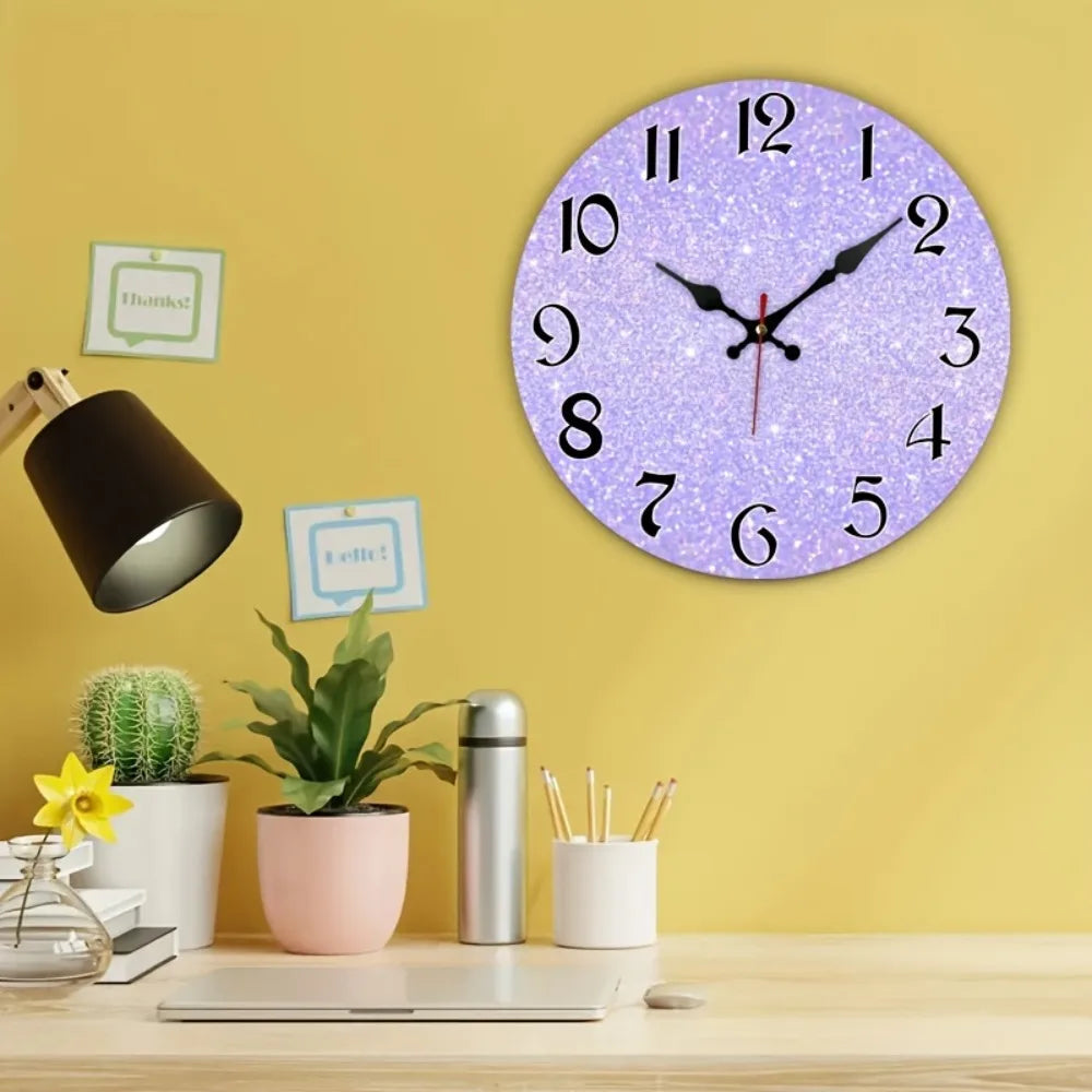 Enchanting Purple Glitter Silent Wall Clock - Wooden Battery Operated