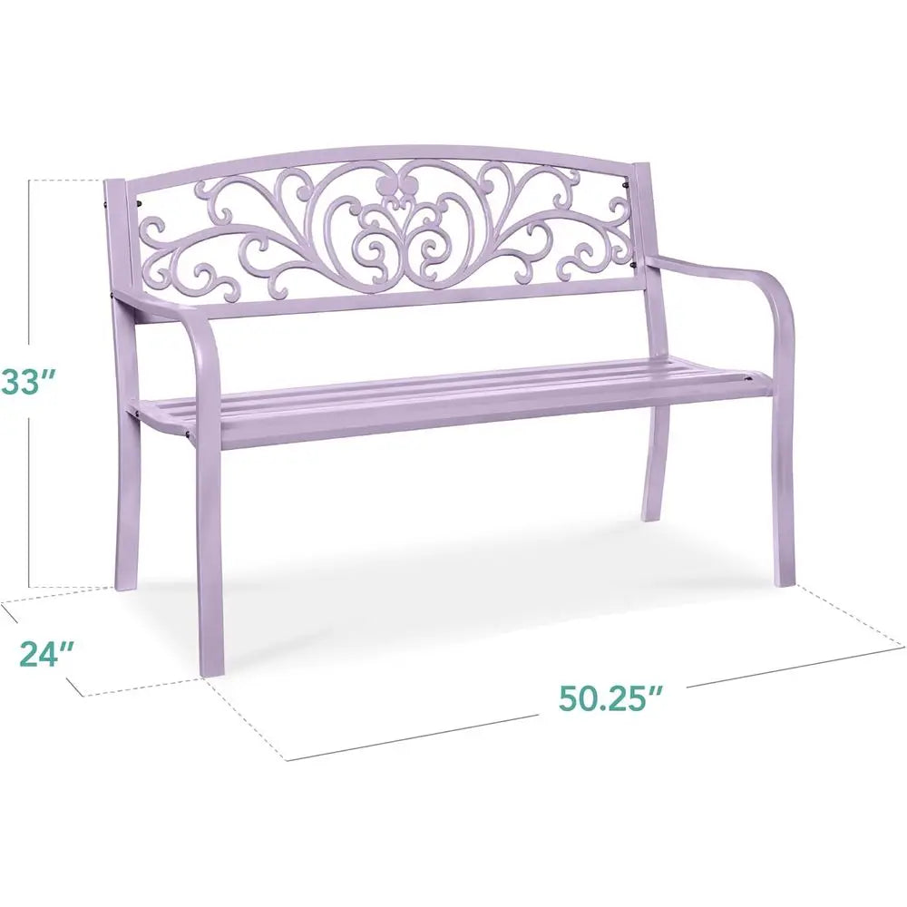Lavender Steel Outdoor Bench with Floral Backrest